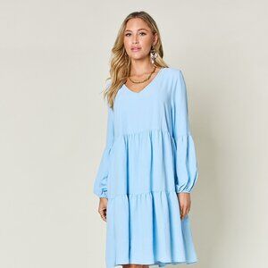 Double Take Full Size V-Neck Balloon Sleeve Tiered Dress with Pockets